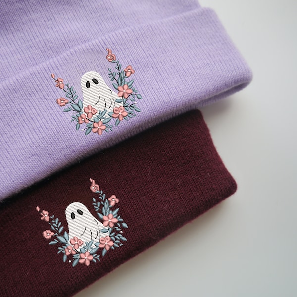 Spooky Ghost Floral Wreath Halloween Embroidered Beanie - More Colours - Cute Beanie - Spooky Season