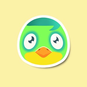 May include: A cartoon bird face with green feathers, a yellow beak, and big blue eyes. The bird has a white outline and a shadow.