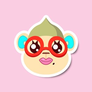 May include: A cartoon sticker of a monkey wearing red round glasses with a pink mouth and blue ears. The monkey has a green hat and a white face.