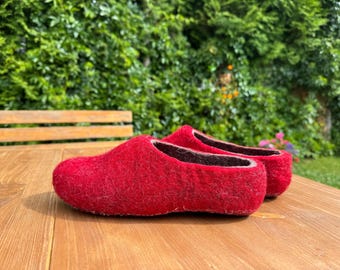 Handmade Felted Wool Slippers: Red & Gray Eco Shoes