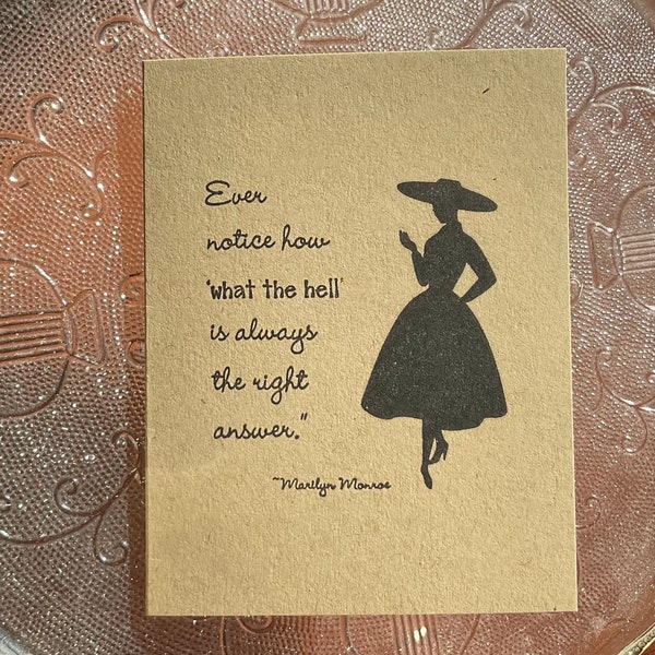 Humorous funny notecard greeting card blank inside handmade retro quirky Marilyn Monroe quote