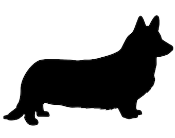 Op de afbeelding: Zwarte silhouet van een Cardigan Welsh Corgi hond die op een witte achtergrond staat.