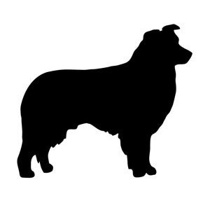 May include: Silhouette of a black dog, possibly a Collie or a Border Collie, standing on a white background.