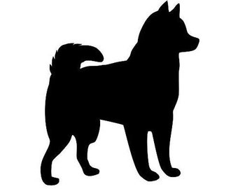 May include: Black silhouette of a dog standing on a white background.