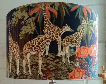 Botswana safari woodlands giraffe silky cotton print lampshade with choice of panel colour