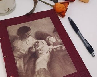 Upcycled Vintage Journal • Handbound Red Hardback, Mother & Child Art