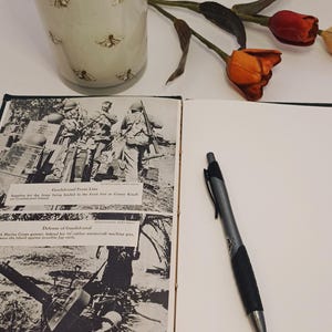 May include: A Martha Stewart ceramic jar with a wooden lid, decorated with bee motifs. A pen and a vintage book with black and white photos of soldiers are also present, along with some dried flowers.