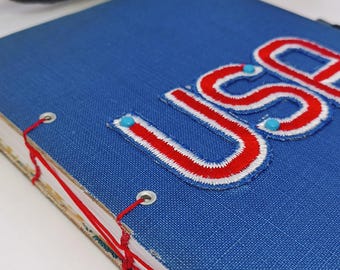 Upcycled USA Patch Journal • Blue Linen Hardcover Notebook