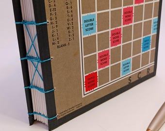 Scrabble Gameboard Upcycled Vintage Journal / Handmade / Handstitched /Notebook / Artisan / Handcrafted / Diary / Nostalgia / Game / Words