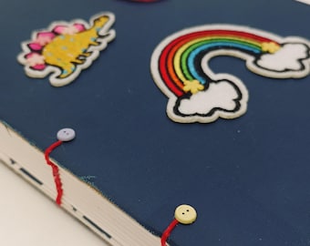 Upcycled Journal • Hand-Stitched Navy Notebook with Dino, Strawberry & Rainbow Patches