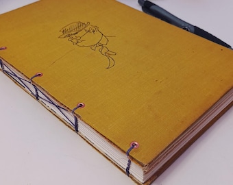 Upcycled Journal • 1952 Vintage Mustard Linen Book, Line Art