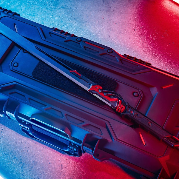 Katana Hyperion, espada longa estilo cyberpunk, versões padrão e de aço, réplica futurista de katana para colecionadores.