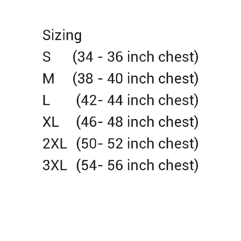 Op de afbeelding: Maattabel voor kleding met borstmetingen in inches. De maten omvatten S, M, L, XL, 2XL en 3XL.