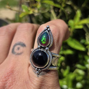 Handmade Sterling Silver Black Opal & Onyx Moon Ring