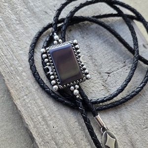 OOAK Rainbow Obsidian Handcrafted Sterling Silver Bolo Tie with Leather Cord