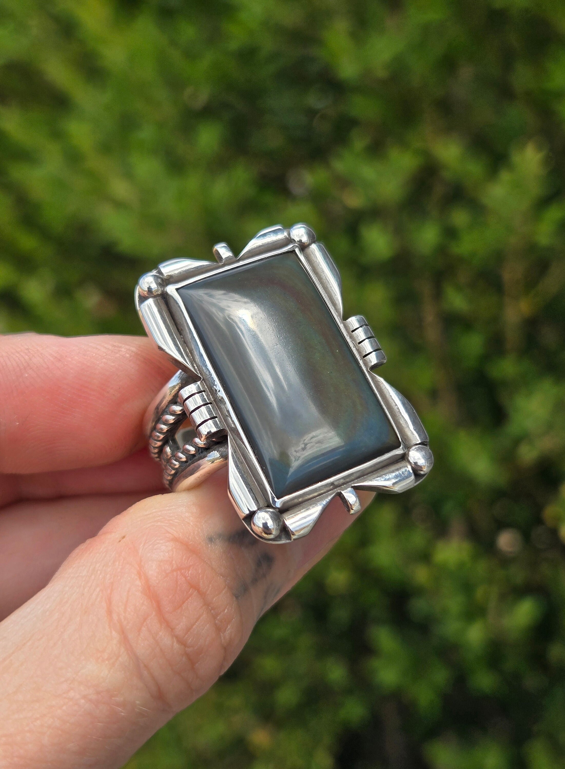 Handmade Sterling Silver Rainbow Obsidian Statement Ring