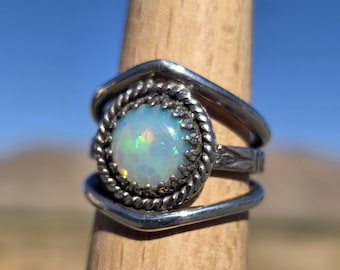 Handmade Sterling Silver Ethiopian Opal Floral Band Ring