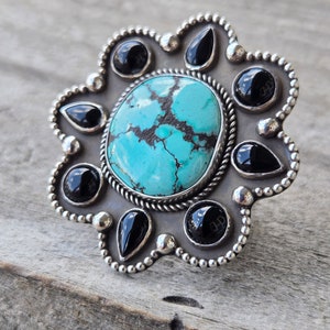 Handmade Sterling Silver Turquoise & Black Onyx Large Statement Ring