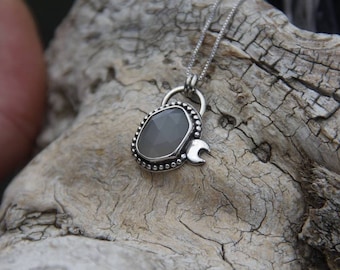 Handmade Sterling Silver Gray Rosecut Moonstone Moon Pendant Necklace with chain, Women's Jewelry, Witchy Jewelry, Crystal Jewelry