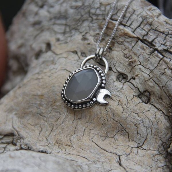 Handmade Sterling Silver Gray Rosecut Moonstone Moon Pendant Necklace with chain, Women's Jewelry, Witchy Jewelry, Crystal Jewelry