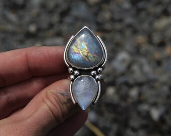 Handmade Sterling Silver Labradorite & Rainbow Moonstone Ring