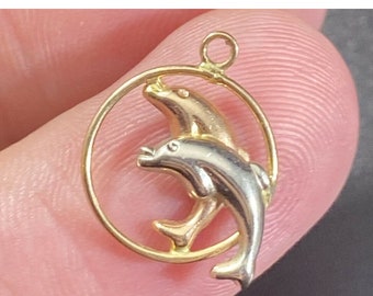 10k Tri Color Gold Two Dolphins Pendant 1/2In - Rose, White and Gold Pendant