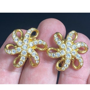 Swarovski Clear Crystal Clip On Earrings Swirled Gold Tone Swan Logo
