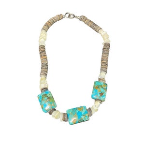 Heishi Beaded Necklace Brown Shell Mother of Pearl and Turquoise Ethnic Toggle