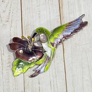 Vintage Art Nouveau 925 Hummingbird Guilloche Enamel Brooch Pin Feeding Flower