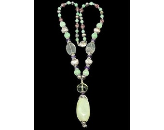 Sterling Silver Glass Pearl and Jade Beaded Gemstone Necklace Drop Pendant