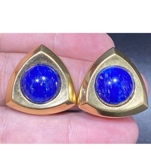 Christian Dior Signed Earrings Clip On Blue Lapis Cabochon Gold Vintage