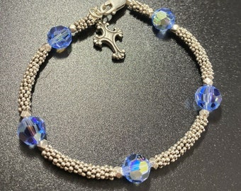 Vintage 925 Sterling Blue Glass Stationary Beaded Bracelet Dangle Cross Charm