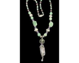 Sterling Silver Glass Pearl Jade And Quartz Beaded Necklace Drop Pendant