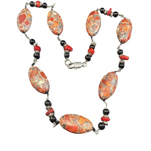 Sterling Silver Red Jasper Chain Link Necklace Beaded Geometric Gemstone 22”