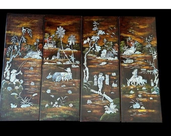 Vintage Asian Wall Panels Plaques Mother of Pearl Black Lacquer