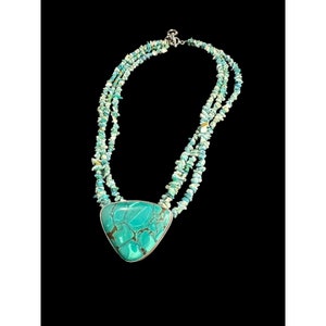 Necklace 925 Silver Turquoise Chip Three Strand Beaded Mid Century Modern Pendant Toggle