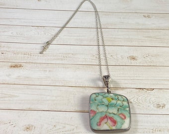 925 Chinese Porcelain Shard Square Pendant 18 inch Chain Link Necklace