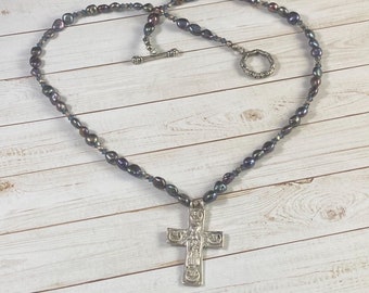 925 Pearl Crystal Beaded Cross Necklace Religious Toggle Fine