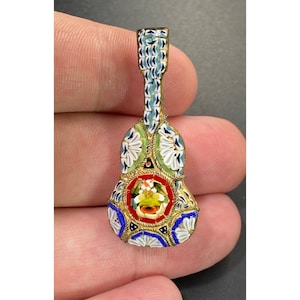 Vintage Micro Mosaic Guitar Mandolin Brooch Pin Italy Gold Instrument