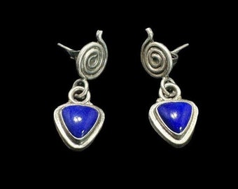 925 Sterling Silver Lapis Lazuli Earrings Mid Century Modern Swirled Dangle