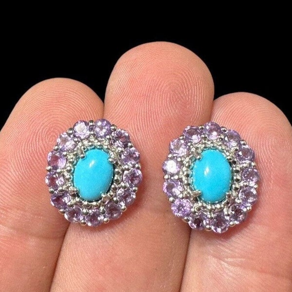 Signed NF 925 Thailand Sterling Pronged Turquoise and Amethyst Earrings Pierced