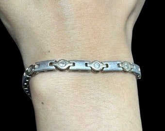 Bracelet 925 CZ Geometric Link Two Tone 7.5 in Sterling Silver Fine Jewelry