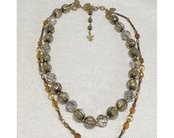 Runway Vendome Double Strand Lucite Necklace Gold Fleck Lucite and Glass Beads