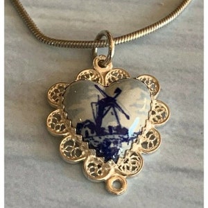 Sterling Silver Rope Chain 925 Delft Windmill GV5 Filigree Heart Pendant