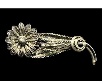 Sterling Silver Flower Brooch Antique Filigree Floral Pin Retro C Clasp