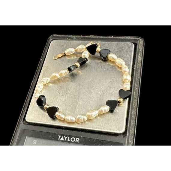 Bracelet Signed 14k Gold Rice Pearl And Black Ony… - image 5