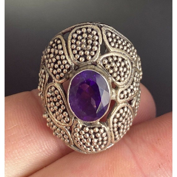 Vintage Sterling Silver Amethyst Ring Pebbled Orn… - image 1