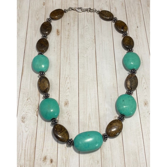 925 Turquoise and Jasper Beaded Necklace Chunky G… - image 4