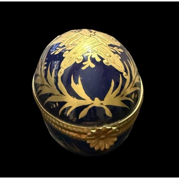 Vintage Limoges France Cobalt Blue Hand Painted Gold Porcelain Egg Trinket Box