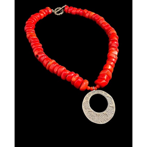 Necklace Red Coral Beaded Sterling Silver Floral … - image 3